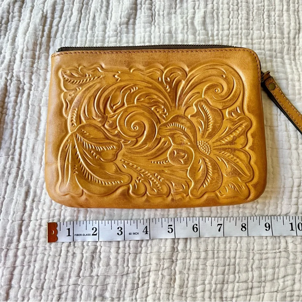 Patricia Nash Camel Tan Tooled Leather Cassini Embossed Floral Zipper Pouch